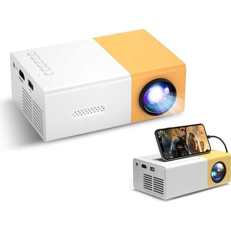 Mini proiettore con ingresso fino a 1080p Full HD, HDMI, USB, bianco/giallo, compatibile con smartphone, portatile, altoparlante integrato. (1/5)