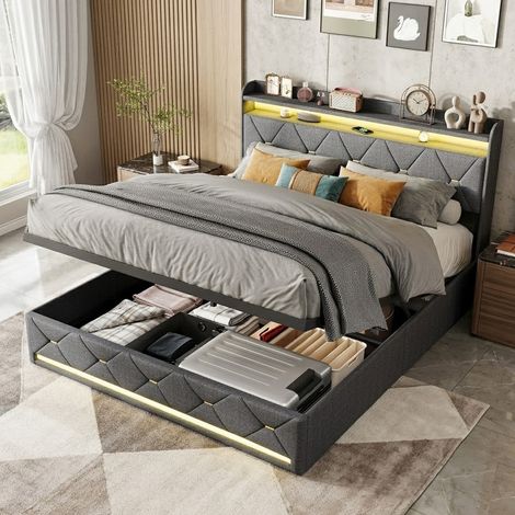 Lit coffre 160x200 cm avec LED et USB, lit double avec récipient hydraulique et tête de lit rembourrée, lits 2 personnes avec sommier à lattes en bois, sans matelas, Gris (1/5)