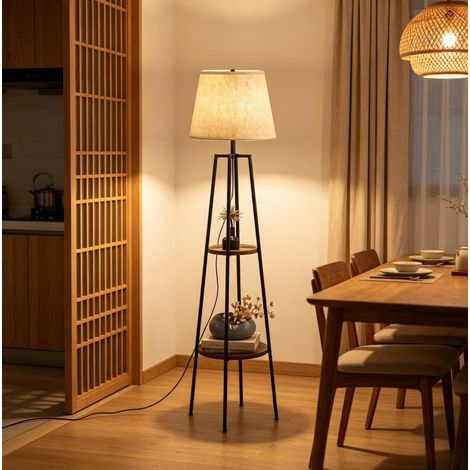Stehlampe 42x42x166 cm aus MDF und schwarzem Metall mit 2 Ablagen – MEUBLIV (1/5)