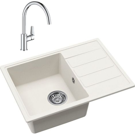 62x44 cm évier avec égouttoir réversible en Granite, à encastrer, blanc + mitigeur lavabo/cuisine Grohe StartEdge (SATSE2WG313) (1/5)