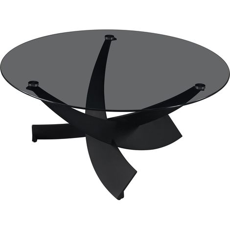 Mobilier Deco – Table basse ronde en verre trempé teinté – Pieds croisés en métal noir – Design moderne pour salon – Surface résistante et facile d'entretien (1/5)