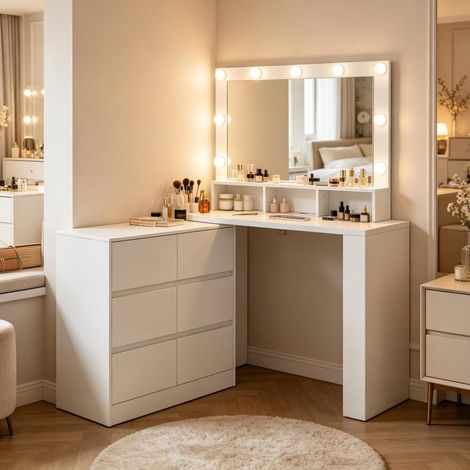 Coiffeuse avec Miroir LED Table de Maquillage Modulable Droite ou en L 6 Tiroirs Rangement 2 en 1 Bois E1 (1/5)