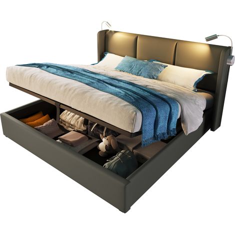 Letto matrimoniale 180x200 cm in cuoio rigenerato grigio con contenitore, luce da lettura, 2 porte USB e struttura in metallo resistente  CHICFURN (1/5)