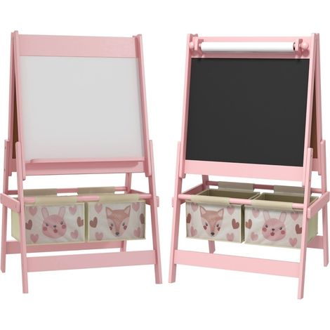 Chevalet pour enfants 3-en-1 avec tableau noir, tableau blanc, rouleau de papier et paniers de rangement, 54 x 46,5 x 93 cm, rose (1/5)