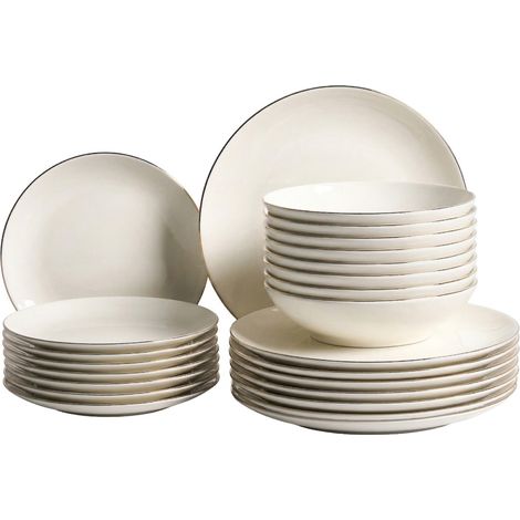 Vajilla de 24 piezas de porcelana acabado esmaltado transparente con borde decorativo ribete blanco crema y dorado Cumin