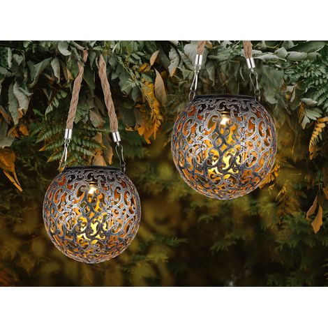 Solarlaternen 2er SET Hängeleuchten mit Seil, Solarkugeln Silber Antik Ø12cm (1/5)