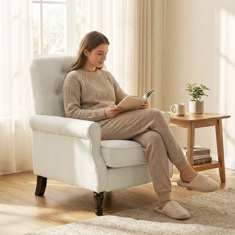 Fauteuil de salon, canapé 1 place avec assise rembourrée épaisse, coussin à ressorts, tissu en lin, 69x75x90cm, crème (1/5)