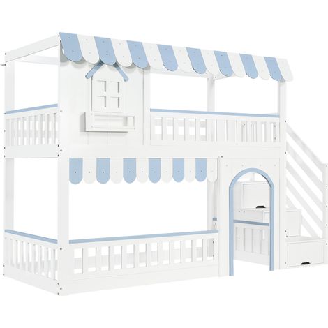 Letto a castello per bambini 90 x 200 cm con scala contenitore, pino MDF e compensato