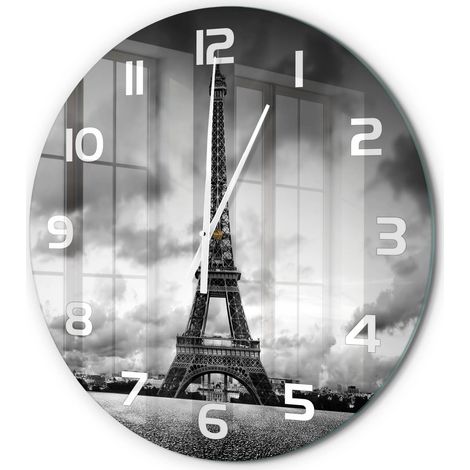 Horloge Murale Ronde Intemporelle Verre Trempé Silencieuse Design Élégant Tour Eiffel, Paris fi 60 cm (1/5)