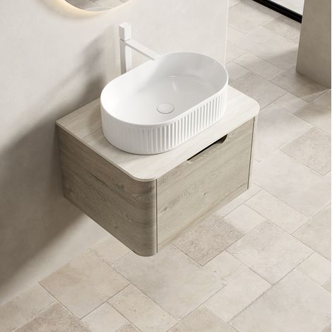 Mueble de baño suspendido con lavabo ovalado blanco, 60 x 46 x 50,2 cm, roble crema DESVIAE (1/5)