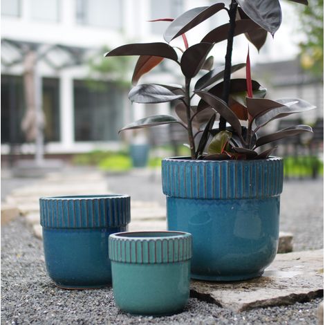 Lot de 3 pots en céramique faits main, Ø 38 / 30,5 / 23 cm, émaillage turquoise brillant, pour intérieur et extérieur (1/5)