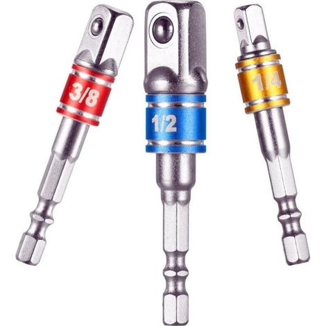 Adaptateur porte-douille sur perceuse/visseuse à percussion. Ensemble de 3 adaptateurs de mandrin à pointe carrée 1/4", 1/2", 3/8" chrome vanadium (1/5)