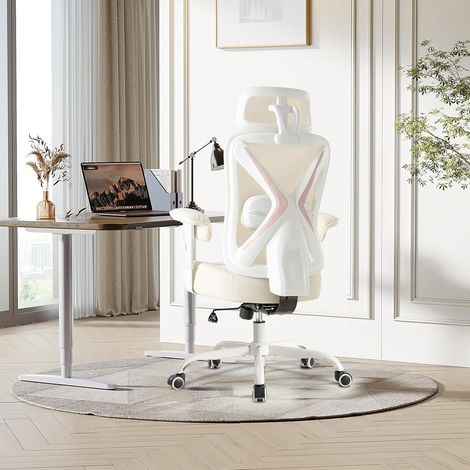 UEV Chaise de Bureau Ergonomique, avec Appui-Tête et Support Lombaire Réglables, Accoudoirs Rembourrés, Siège Élastique Épais de 13,5cm, Capacité de Poids jusqu'à 220kg, en Maille Respirant, Beige (1/5)
