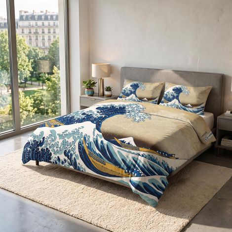 Parure Housse de Couette pour lit 2 Personnes 100% Coton, fabriquée en Italie, 250 × 200 cm avec Double Rabat 50 cm + 2 taies d'oreiller 50 × 80 cm avec Rabat Interne, Impression (1/5)