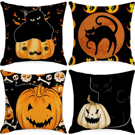 Halloween-Kissenbezug aus Leinen mit Kürbismuster, Kissenbezug für Zuhause (45x45 cm) (1/4)