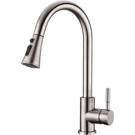 Robinet de cuisine - Mitigeur de cuisine pivotant à 360° avec douchette extractible, XU, robinet d'évier en acier inoxydable (nickel brossé) - (1/4)