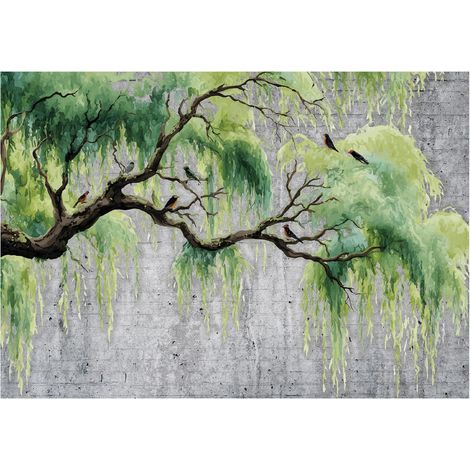 Fototapete Baum Beton Grün – Moderne Großformat Wandtapete 150x105 cm – Für Wohnzimmer & Schlafzimmer