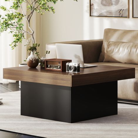 Table Basse Carrée LED 16 Couleurs, Salon Moderne, 90 x 90 x 45 cm, Noyer (1/5)
