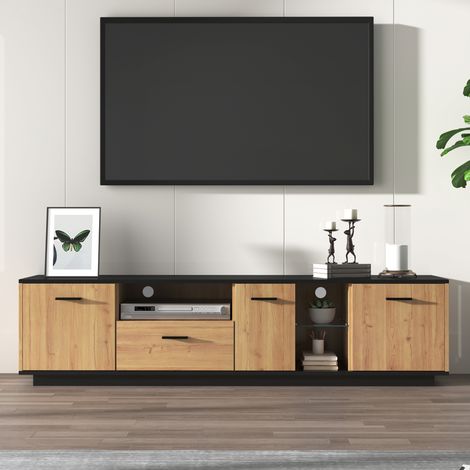 Meuble TV 180 cm, avec 1 tiroir, 3 portes, 2 compartiments ouverts avec séparation en verre, meuble télé avec 16 lumières LED, - Couleur bois naturel et noir (1/5)