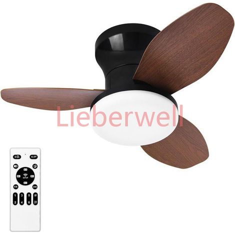 Ventilateur plafond encastré 25 po, télécommande, 3 pales, 6 vitesses, DEL réglable intensité et teinte grain de bois foncé (1/5)