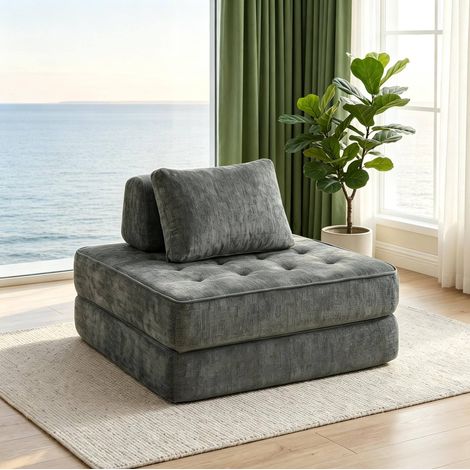 Divano letto pieghevole 1 posto in ciniglia grigia con cuscino, 2 in 1 (1/5)