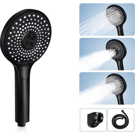 Ducha de mano redonda negra Pommeau de douche douchette, GBLY alta presión creciente, con botón para regular el flujo de agua, ducha ahorradora de energía con manguera de 1,5 m soporte de ducha baño