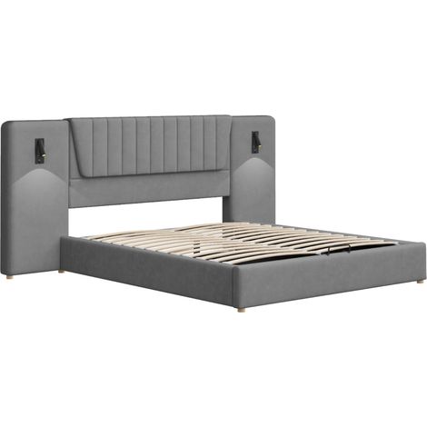 Letto matrimoniale 180 x 200 cm in velluto grigio con contenitore idraulico e lampade USB (1/5)