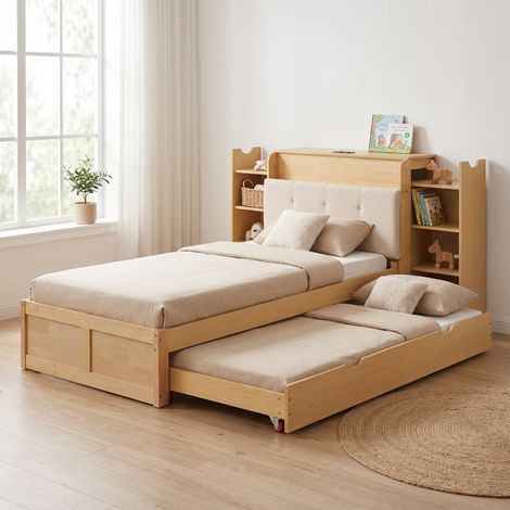 Lit gigogne en bois massif et MDF, 90×200 à 180×200 cm, convertible en lit simple et double avec tête de lit bibliothèque et roulettes, lit multifonctionnel pour enfants et invités (1/5)