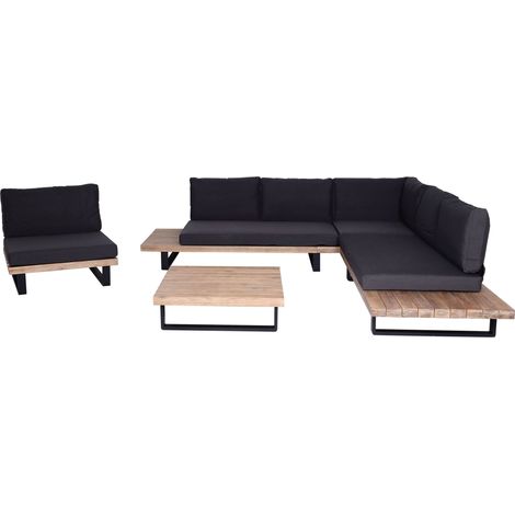 Set salotto giardino esterno salottino poltrona HHG-469 legno acacia alluminio marrone chiaro con cuscini grigio scuro