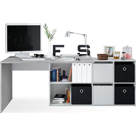 Bureau avec caisson coloris Blanc artic / béton- Longueur 136-203 cm x Hauteur 74 x Profondeur 66/ 33 cm -PEGANE-