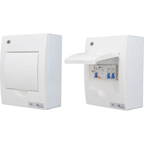 Boîte de distribution intérieure 230V standard britannique 2 voies, avec 2 disjoncteurs (B6A+B32A) et interrupteur différentiel 63A 1P+N, type B, certifiée CE et UKCA, pour installation domestique. (1/5)