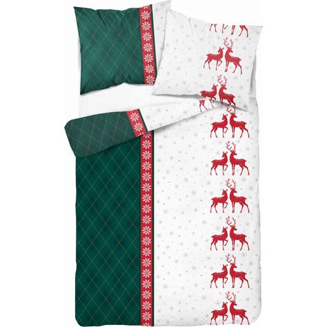 Set di biancheria da letto in flanella 140x200 CHRISTMAS RENDEER a quadri verde (1/5)