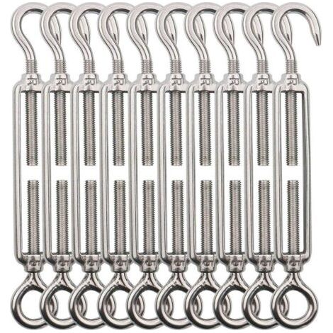 Tendeur Cable Crochet M5 (Crochet et Oeil), Tendeur Fil Acier/Tendeur Cable INOX en Acier Inoxydable 304 pour Fil a Linge, Cable Acier, Corde Acier -10 Pièces (1/5)