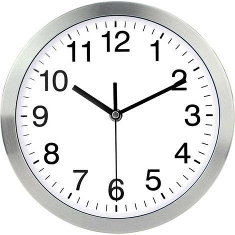 Horloge murale argentée 12 pouces, cadre en métal, couvercle en verre, mouvement à quartz silencieux, design moderne, décorative pour intérieur/cuisi