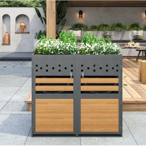 Abri pour 2 poubelles avec toit plantable, 120–240 L, anthracite, effet bois (1/5)