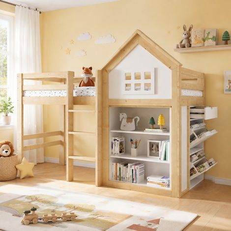 Cama alta infantil 90x200 cm con almacenaje, 3 cajones, escalones estables, blanco/natural DESVIAE (1/5)