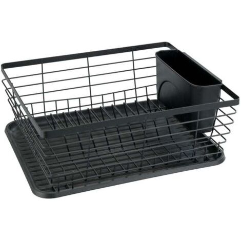 Egouttoir à vaisselle moderne, Bac d'égouttage amovible, Panier à couverts, Nettoyage facile, Métal revêtu par poudre et Plastique, 36x15x30,3 cm, Noir (1/5)