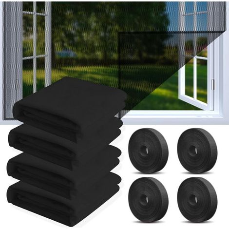 4-teiliges Fenster-Moskitonetz, zuschneidbar, inklusive 4 Rollen Klebestreifen, Insektenschutzgitter (Schwarz), 130 x 150 cm