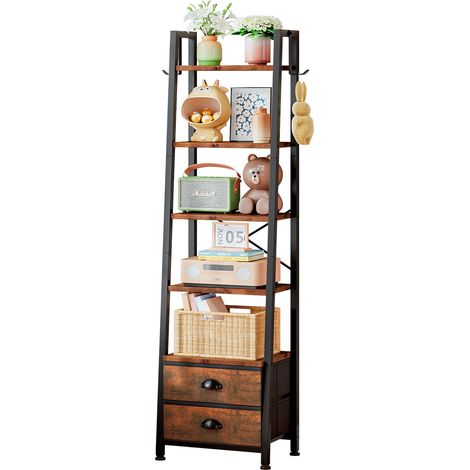 Étagère échelle à 5 niveaux, étagère d'angle étroite avec 2 tiroirs, unité de rangement avec étagères, bibliothèque pour salon, bureau, chambre à coucher (marron) (1/5)