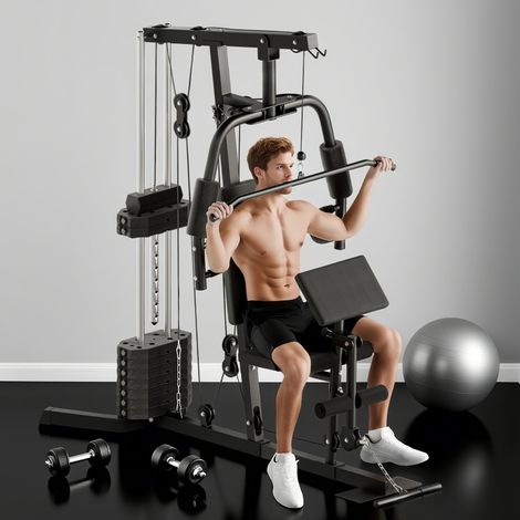 Centrale électrique multifonction avec colonne de lestage 45 kg, 180 x 108 x 200 cm, acier noir, pour musculation et fitness (1/4)