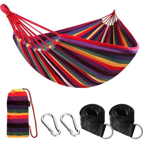 Hamac de camping 1 personne Toile de coton Anti-basculement Jardin, plage, randonnée Avec sangles (1/5)