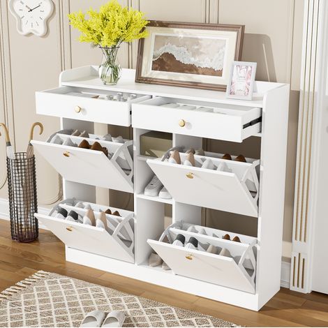 Meuble rangement chaussures blanc 110 cm 4 tiroirs OKMYHOME (1/5)