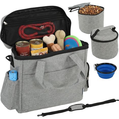 Borsa da trasporto per cani con tasche, 2 sacchetti per cibo, ciotola pieghevole, divisore regolabile, 38x17x35cm, grigio chiaro (1/5)