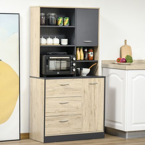 Meuble de cuisine crédence moderne gain de place avec 2 armoires, 3 tiroirs, 3 étagères, en bois, 90 x 39 x 169 cm, couleur gris chêne clair (1/5)