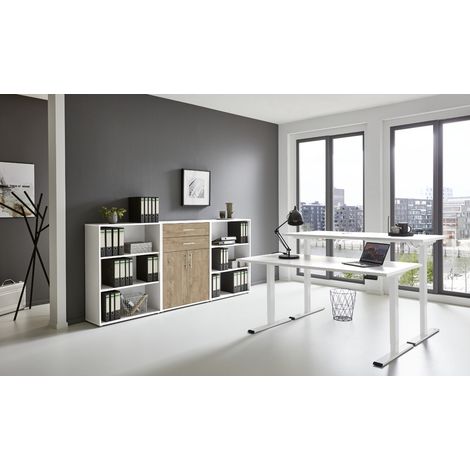 BMG Möbel Büromöbel-Set, e-Office Edition Set 14, Schreibtisch höhenverstellbar, 138 cm, weiß/ Gold Harbor Oak