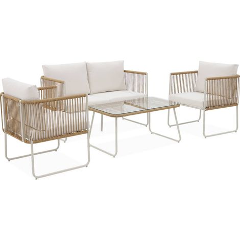 sweeek - Loungeset aus verzinktem Stahl mit Kunststoffbespannung, 4 Sitzplätze Natur / Weiß