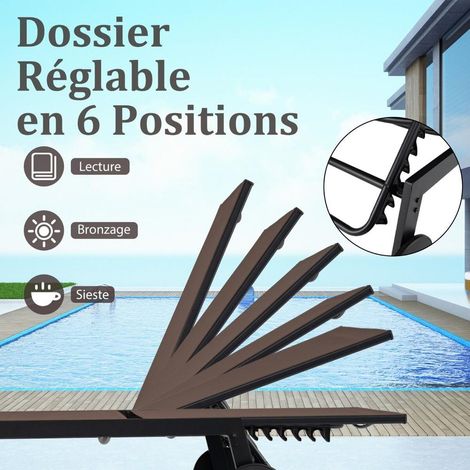Pour piscine ou terrasse, bain de soleil à roulettes avec table en verre trempé et dossier inclinable (1/5)