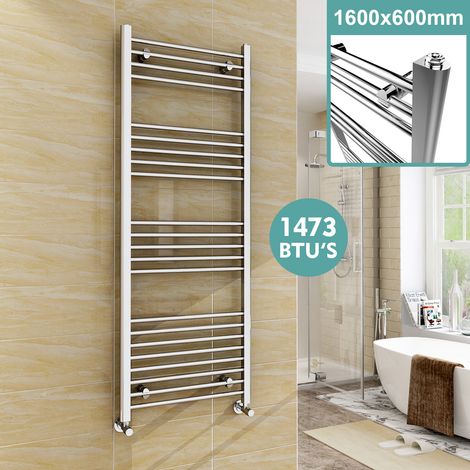 ELEGANT 1600 x 600 mm Chrome Efficient Rads Straight Towel Rail Radiator Bathroom Heated + Chrome Thermostatic Radiator Valves (1/5)