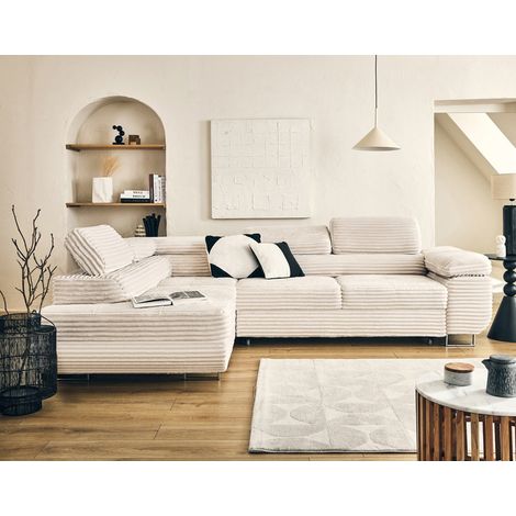 Zaria - ecksofa links 5-sitzer schlaffunktion und bettkasten und kopfstützen großer geripptem cord - beige