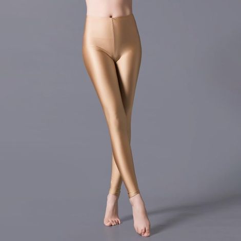 Women's luminous fluorescent leggings - Solid color - Slim fit - Soft and smooth pants for dance performances - Party pants with stretch fabric (L apricot) (1/5)